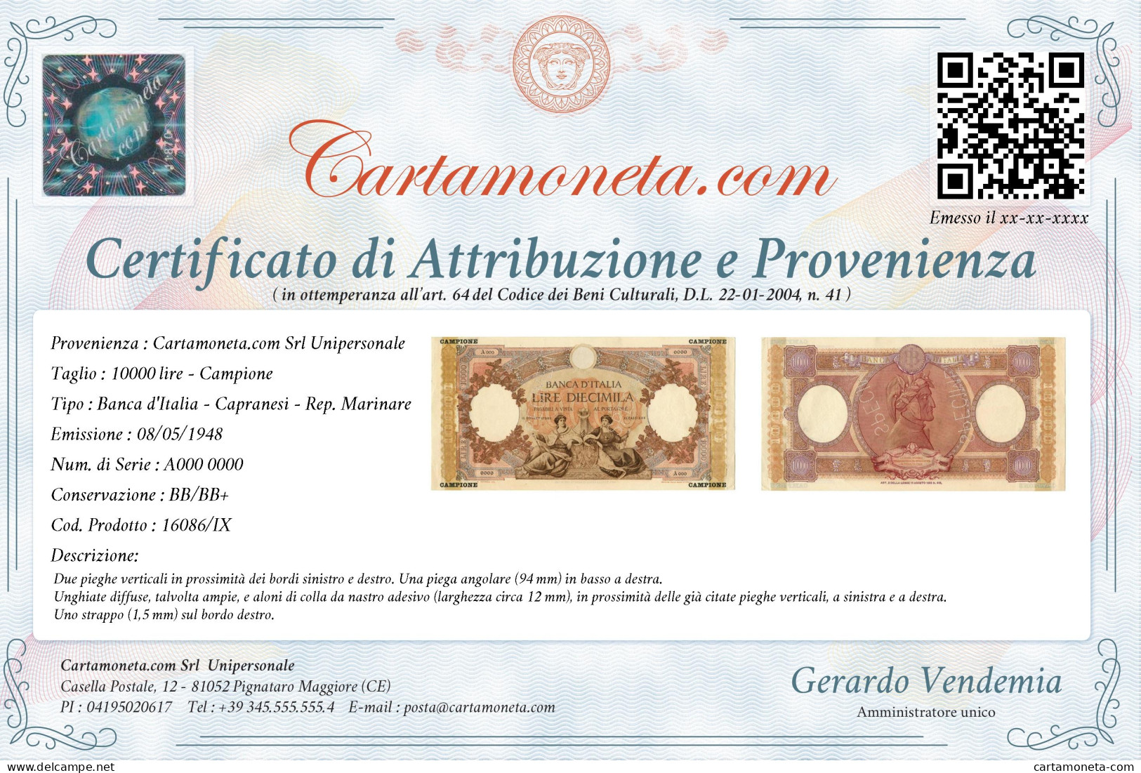 10000 LIRE CAMPIONE CAPRANESI REPUBBLICHE MARINARE REGINE MARE 08/05/1948 BB/BB+ - [ 8] Ficticios & Especimenes