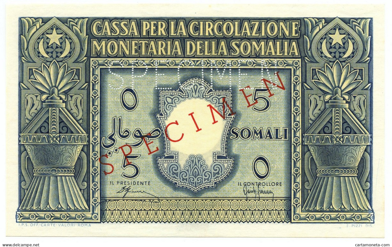 5 SOMALI SPECIMEN CASSA PER LA CIRCOLAZIONE MONETARIA SOMALIA AFIS 1950 QFDS - Terra Di Somalia