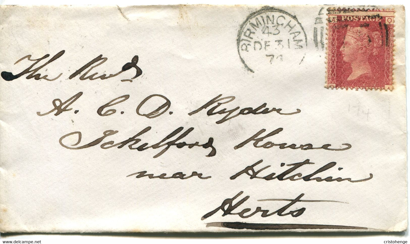 Great Britain - England 1874 Cover Birmingham To Hitchin - 1d Red - Plate 174 - Brieven En Documenten