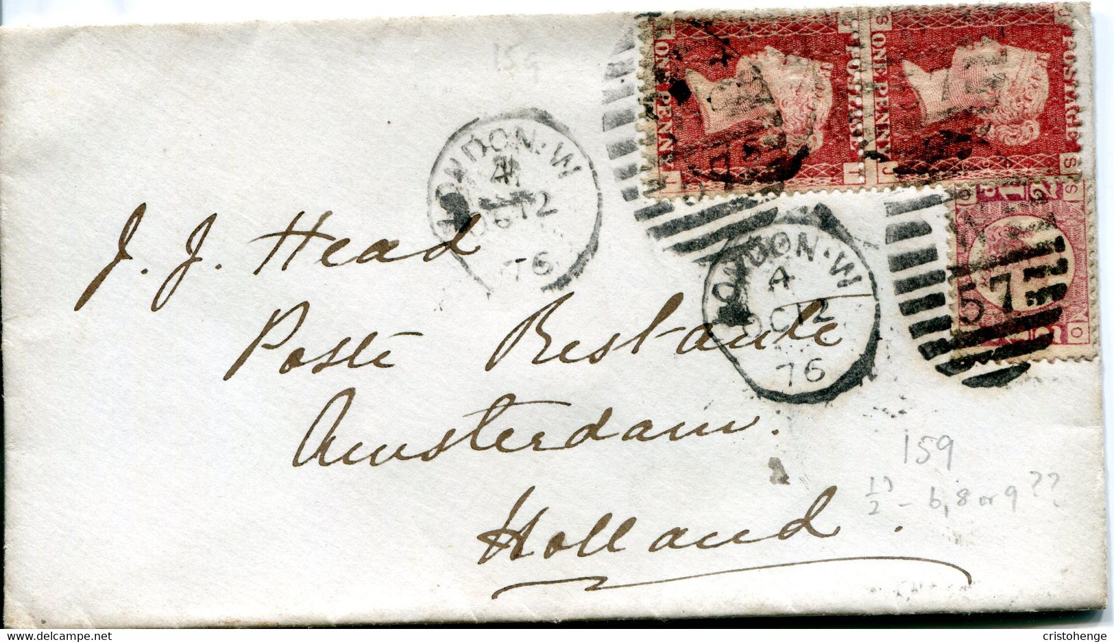 Great Britain - England 1876 Cover London To Amsterdam, Holland - 1d Red - Plate 159 & ½d Bantam - Plate 6 - Lettres & Documents