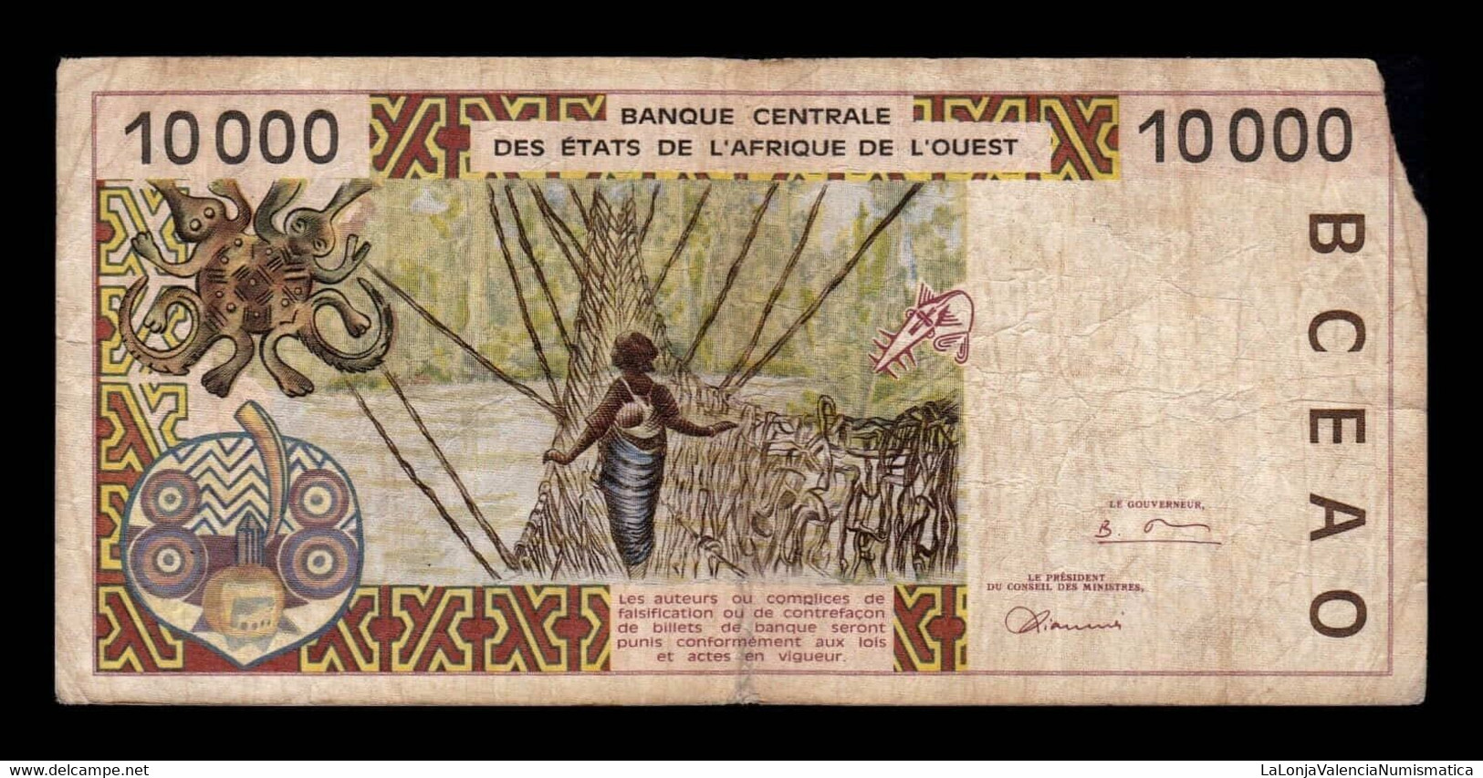 West African St. Costa De Marfil 10000 Francs BCEAO 1998 Pick 114Af BC F - Costa De Marfil