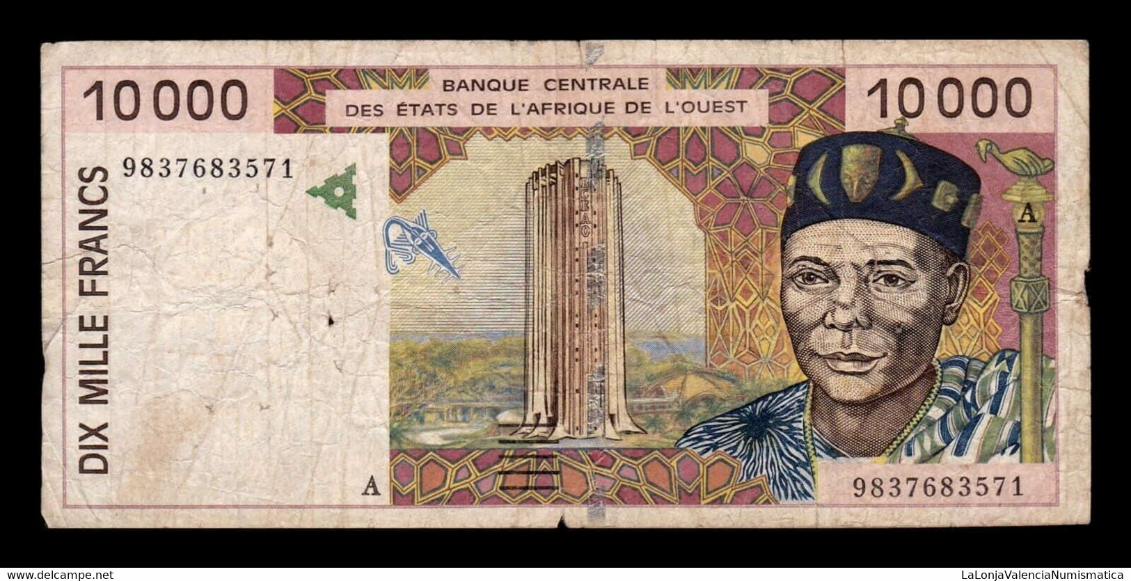 West African St. Costa De Marfil 10000 Francs BCEAO 1998 Pick 114Ag BC F - Côte D'Ivoire