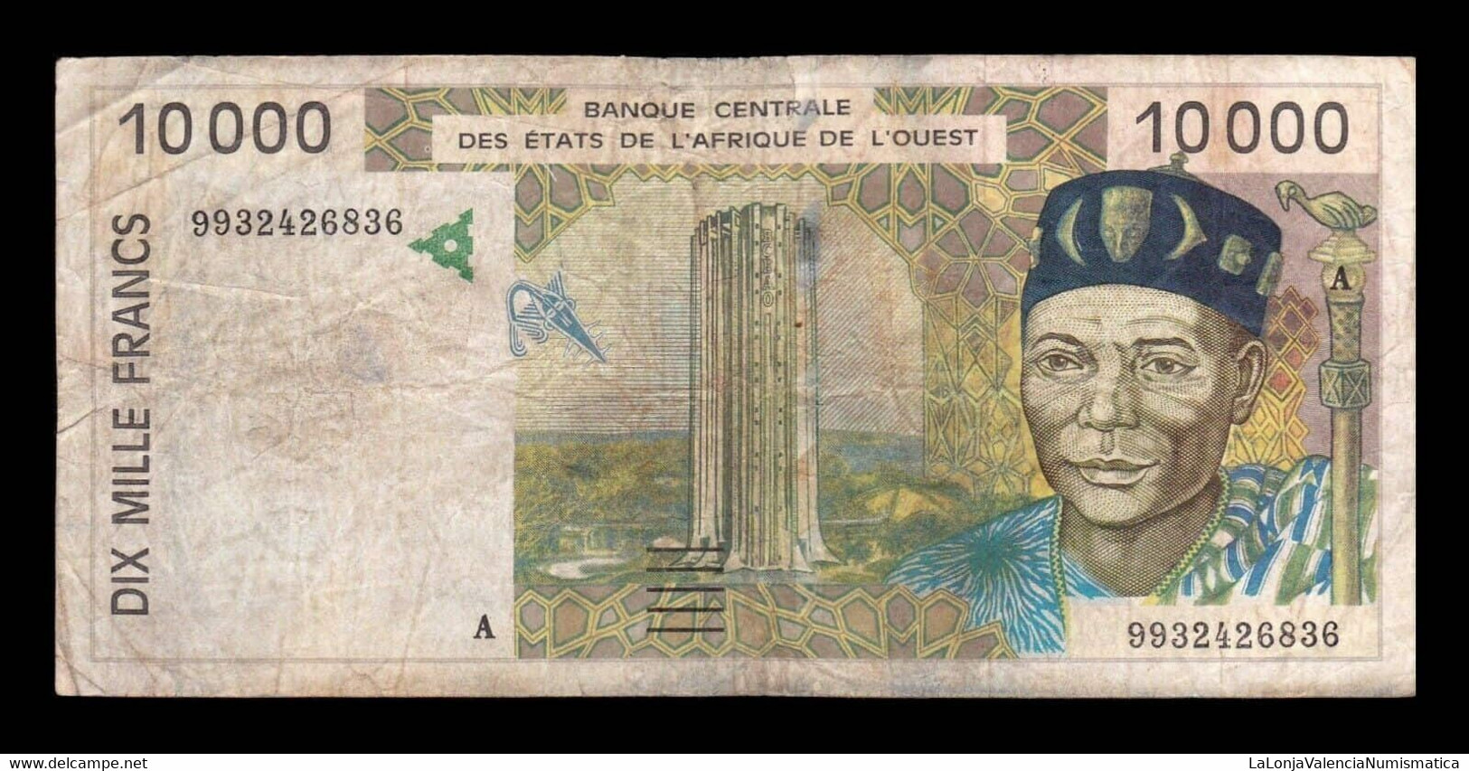 West African St. Costa De Marfil 10000 Francs BCEAO 1999 Pick 114Ah BC F - Côte D'Ivoire