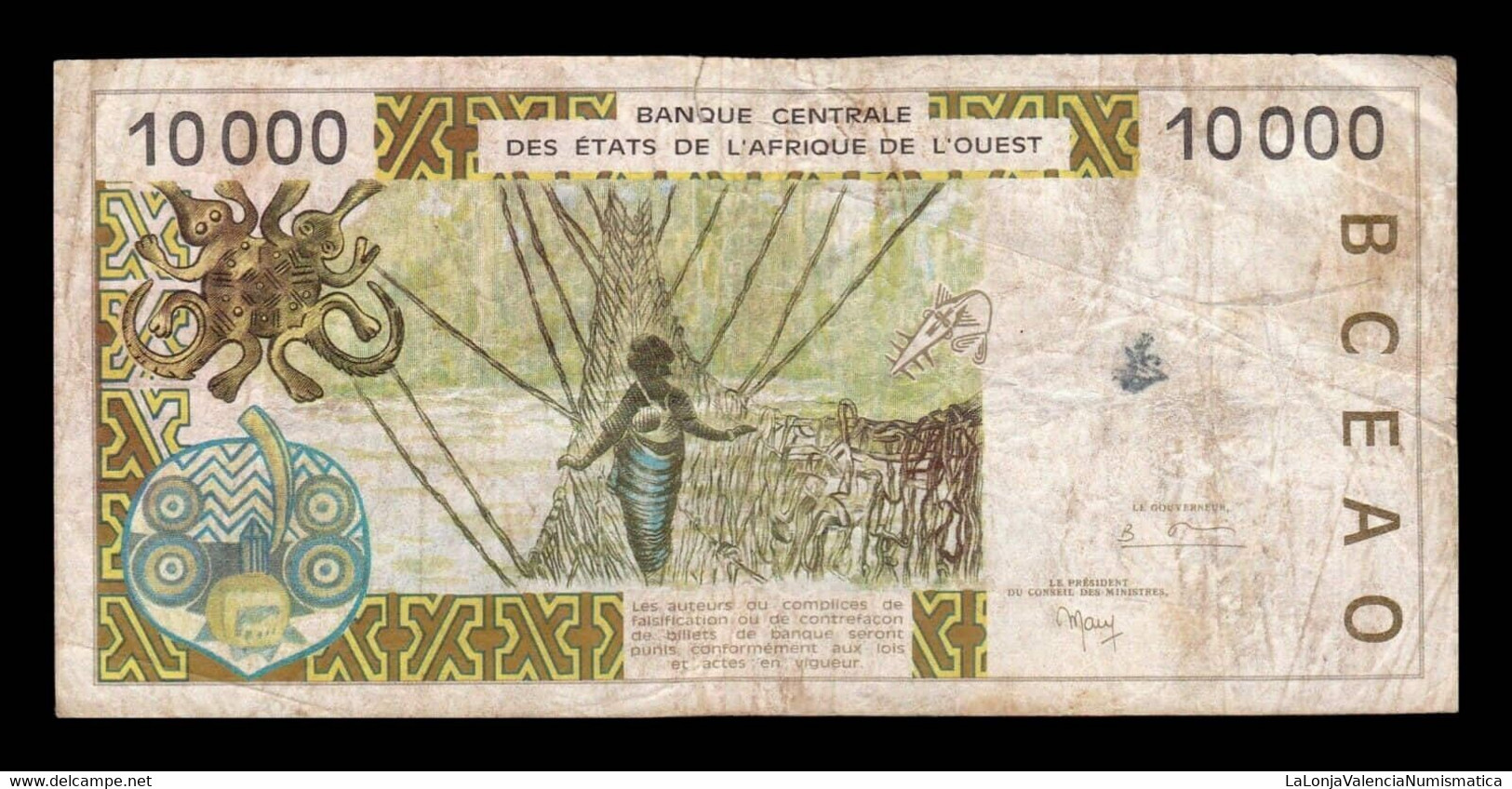 West African St. Costa De Marfil 10000 Francs BCEAO 1999 Pick 114Ah BC F - Elfenbeinküste (Côte D'Ivoire)