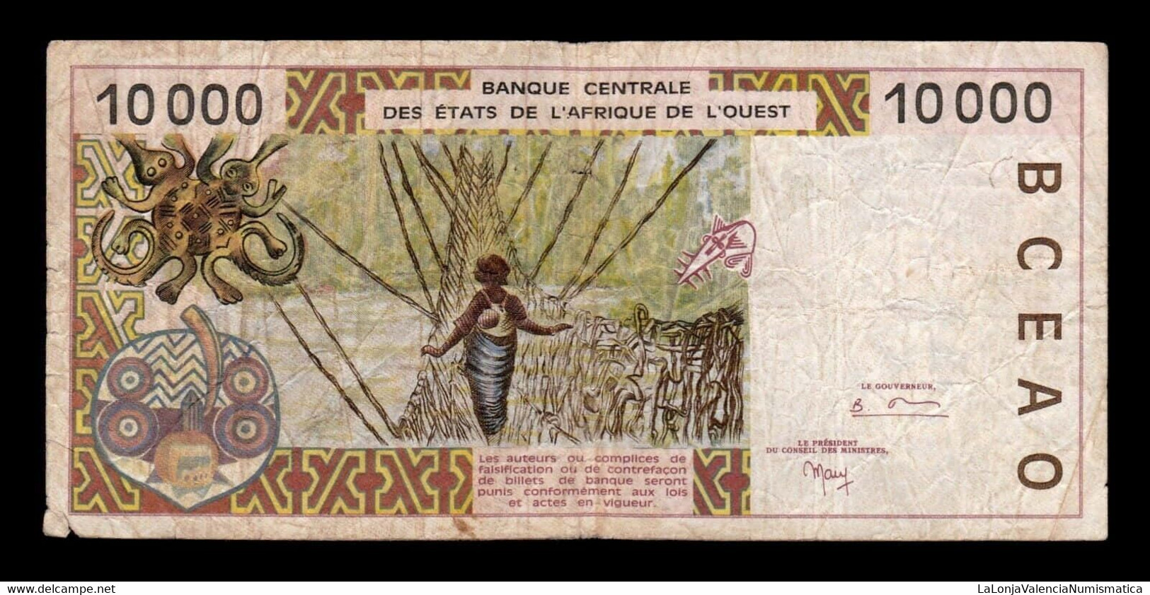 West African St. Costa De Marfil 10000 Francs BCEAO 1999 Pick 114Ah BC F - Côte D'Ivoire