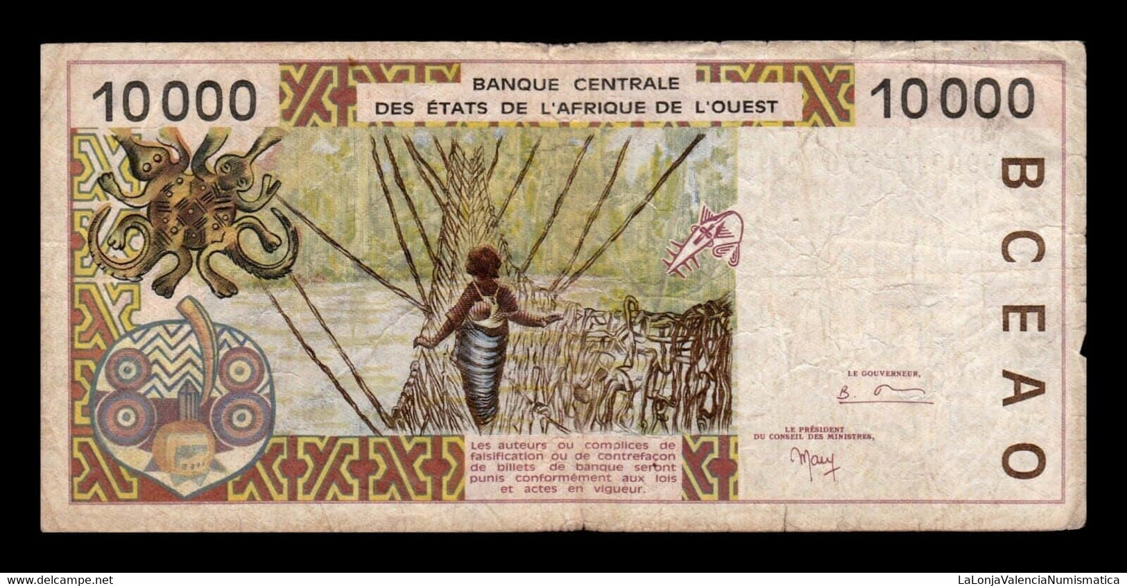 West African St. Costa De Marfil 10000 Francs BCEAO 1999 Pick 114Ah BC F - Costa D'Avorio