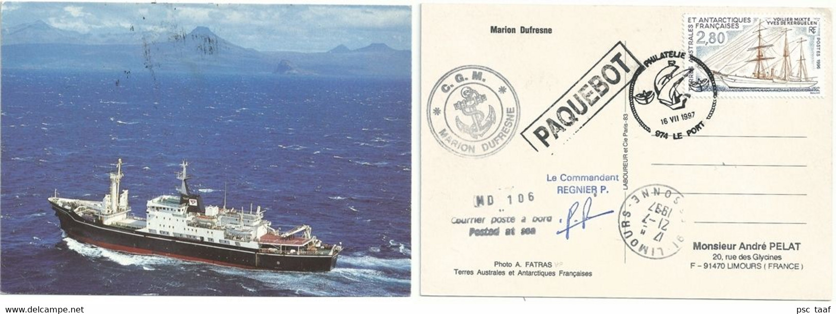 YT 206 - Voilier Mixte Yves De Kerguelen - Posté à Bord Du MD - Paquebot - Le Port - La Réunion - 16/07/1997 - Lettres & Documents