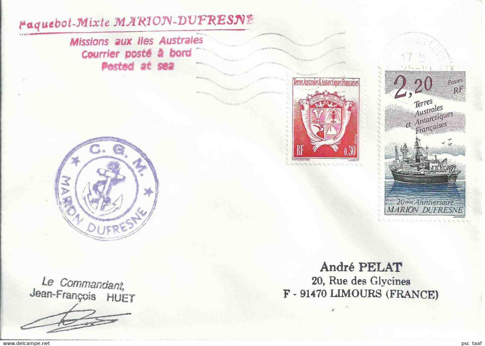 YT 174 20 Ans Du Marion Dufresne - Secap De Marseille 01 - 25/10/1993 - Lettres & Documents