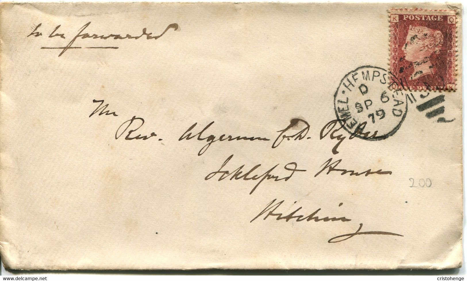 Great Britain - England 1879 Cover Hemel Hempstead To Hitchin - 1d Red - Plate 200 - Covers & Documents