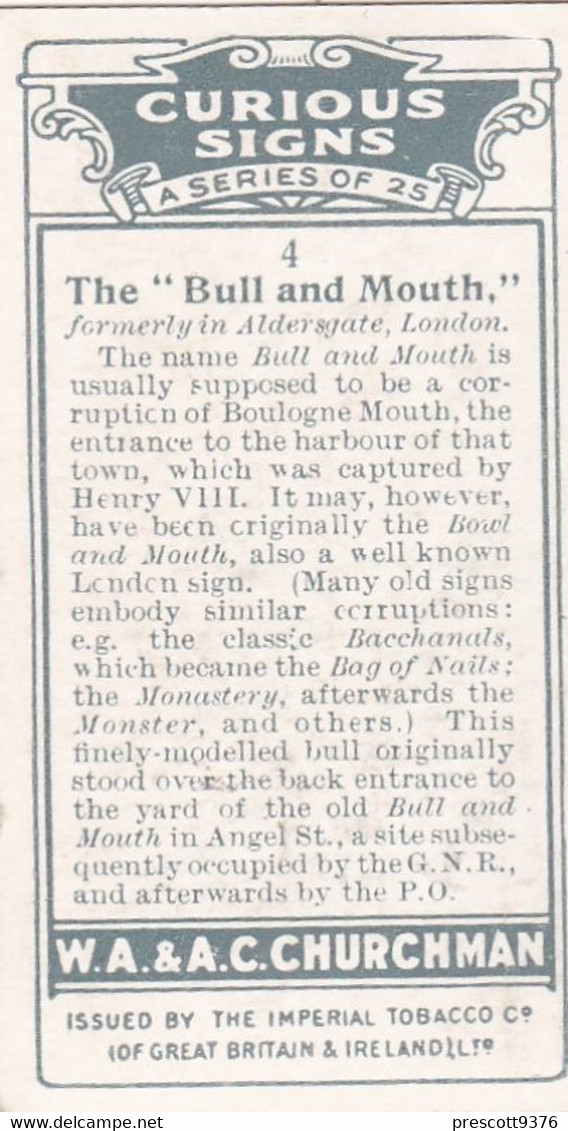 Curious Signs 1925 -  4 The Bull & Mouth  - Churchman Cigarette Card - Original - Churchman