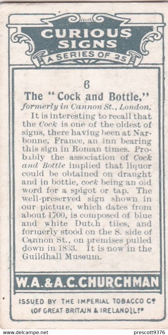 Curious Signs 1925 -  6 The Cock & Bottle - Churchman Cigarette Card - Original - Churchman