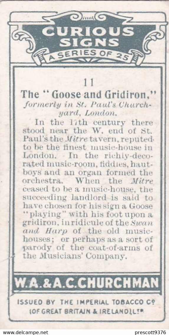 Curious Signs 1925 -  11 The Goose & Gridiron - Churchman Cigarette Card - Original - Churchman