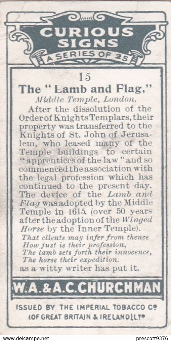 Curious Signs 1925 -  15 The Lamb & Flag - Churchman Cigarette Card - Original - Churchman