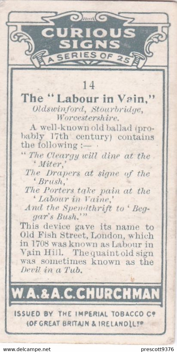 Curious Signs 1925 -  14 The Labour In Vain - Churchman Cigarette Card - Original - Churchman