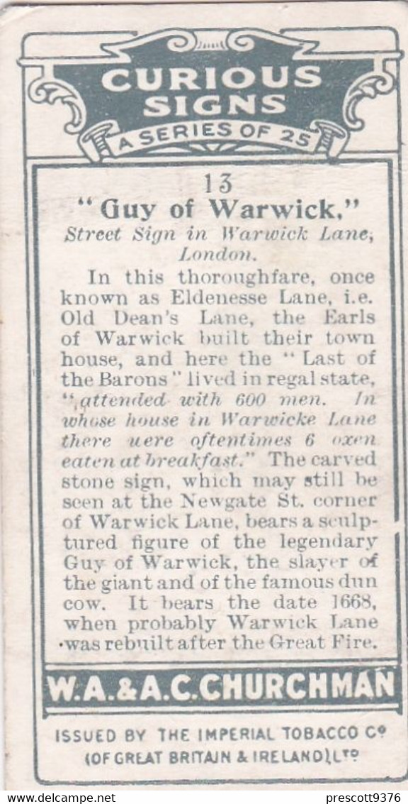 Curious Signs 1925 -  13 Guy Of Warwick - Churchman Cigarette Card - Original - Churchman