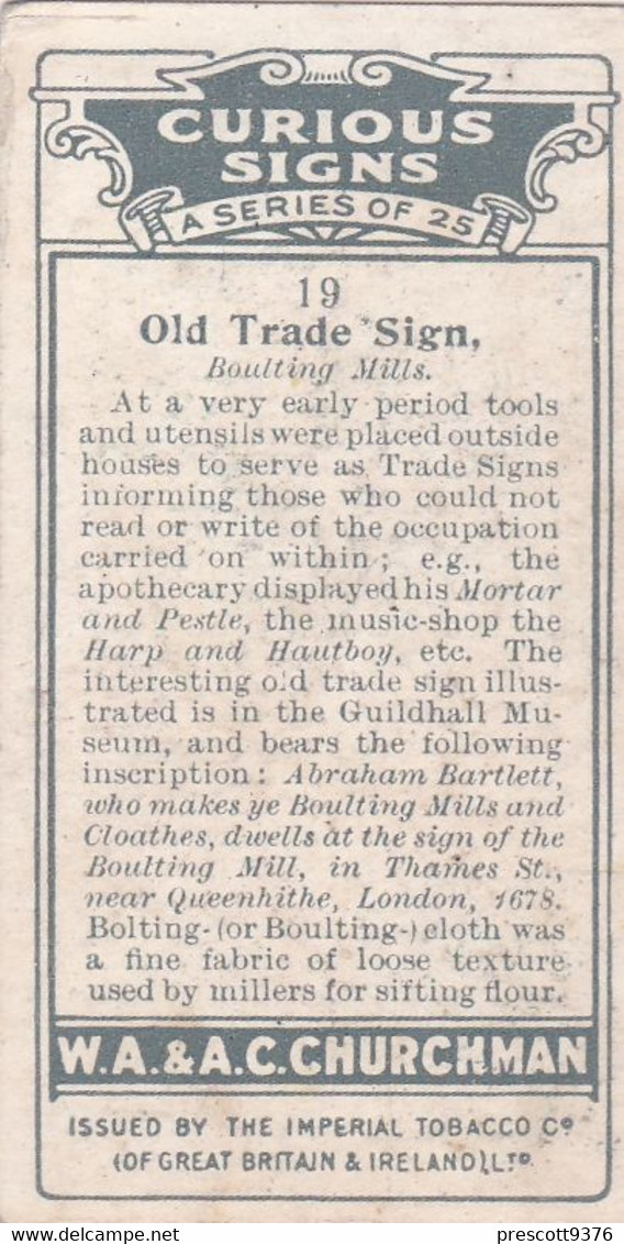 Curious Signs 1925 -  19 Old Trade Sign - Churchman Cigarette Card - Original - Churchman