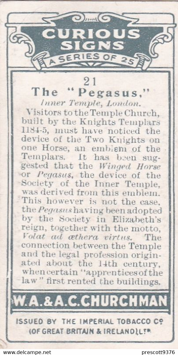 Curious Signs 1925 -  21 Pegasus - Churchman Cigarette Card - Original - Churchman