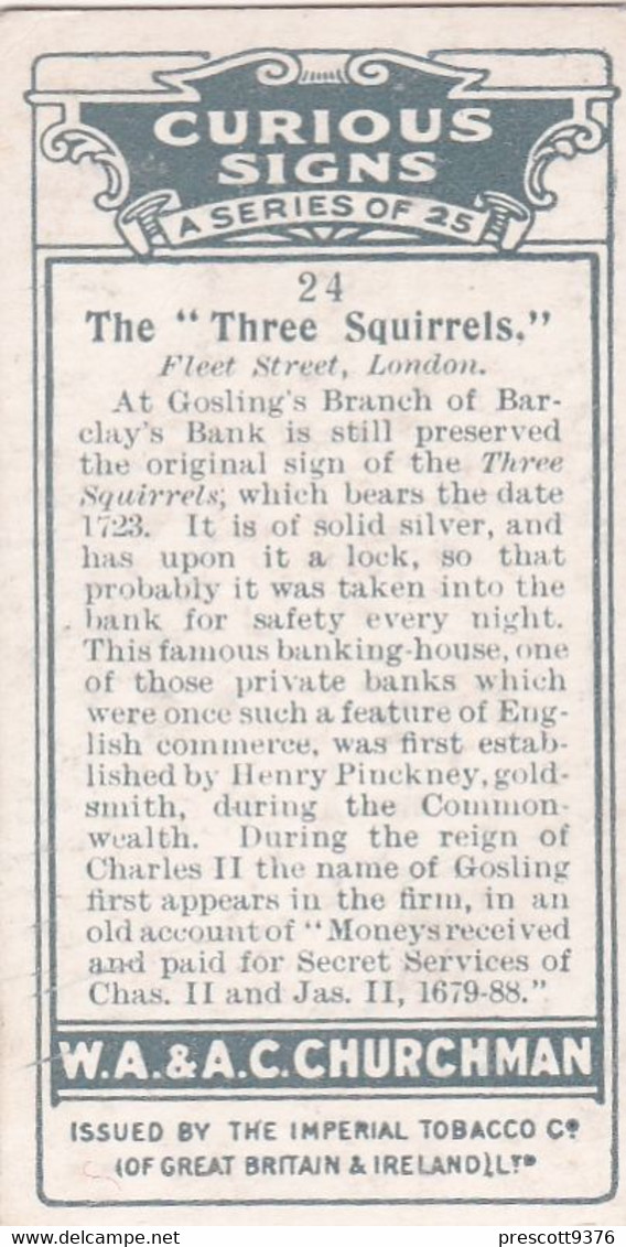 Curious Signs 1925 -  24 The Three Squirrels  - Churchman Cigarette Card - Original - Churchman