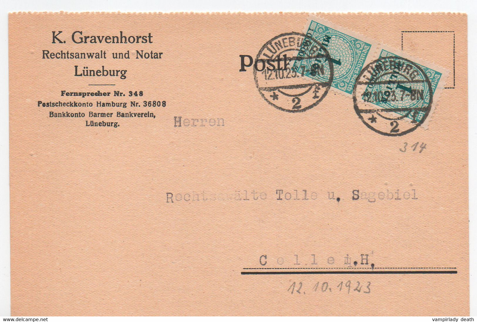 Postkarte, Lüneburg, Rechtsanwalt, MeF, Gel. 1922, Nach Celle - Covers & Documents