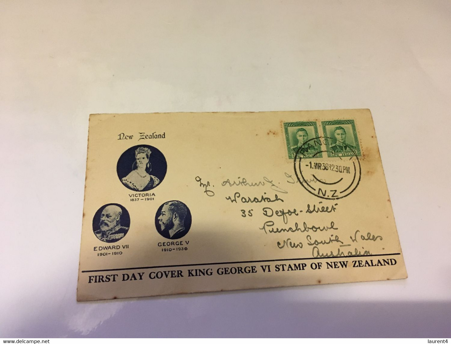 (2 H 14) 1938 Letter Posted From New Zealand To Australia ( Queen Victoria - King Edward VII & George V) - Brieven En Documenten