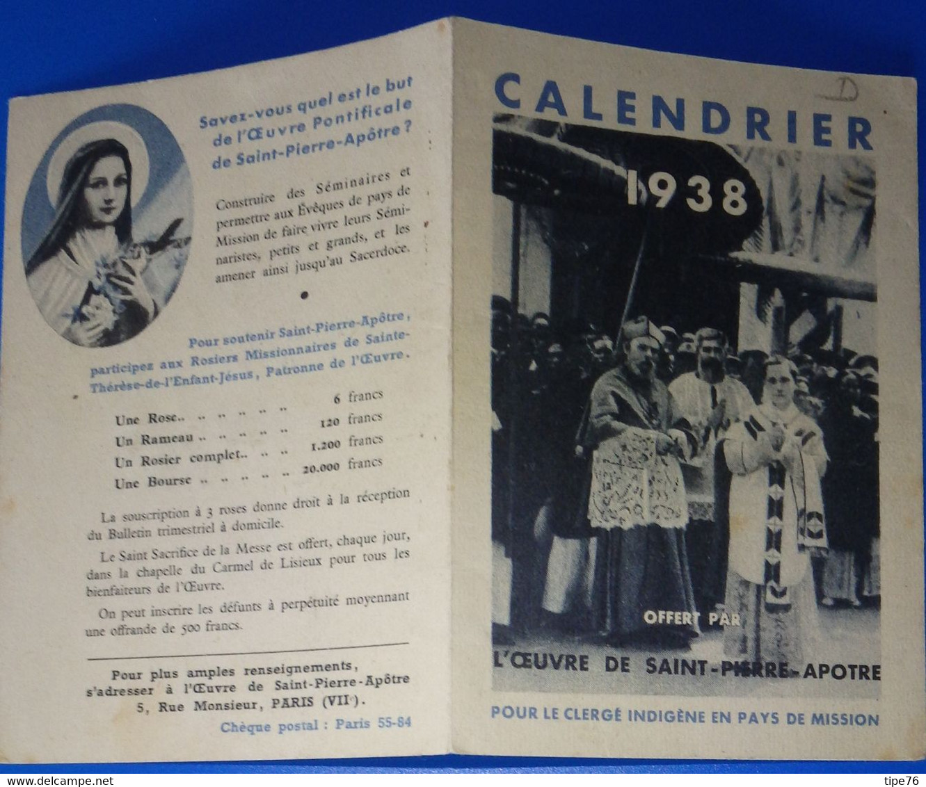 Petit Calendrier De Poche 1938 Oeuvre De Saint Pierre Apôtre - Grand Format : 1921-40