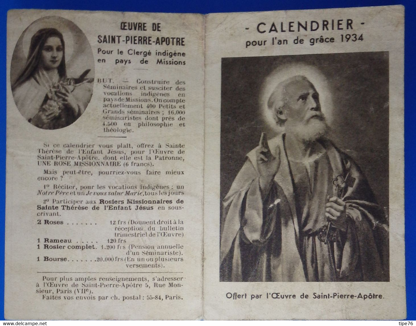 Petit Calendrier De Poche 1934 Oeuvre De Saint Pierre Apôtre - Grand Format : 1921-40