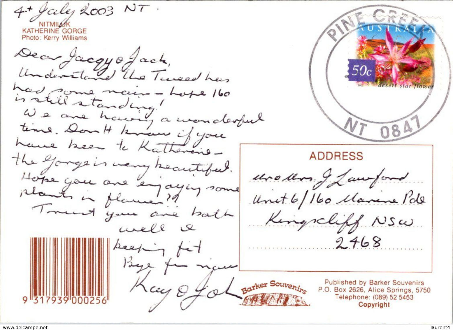 (2 H 15) Australia - NT - Katherine Gorge (posted From Pine Creek NT) To NSW In 2003 (flower Stamp) - Katherine