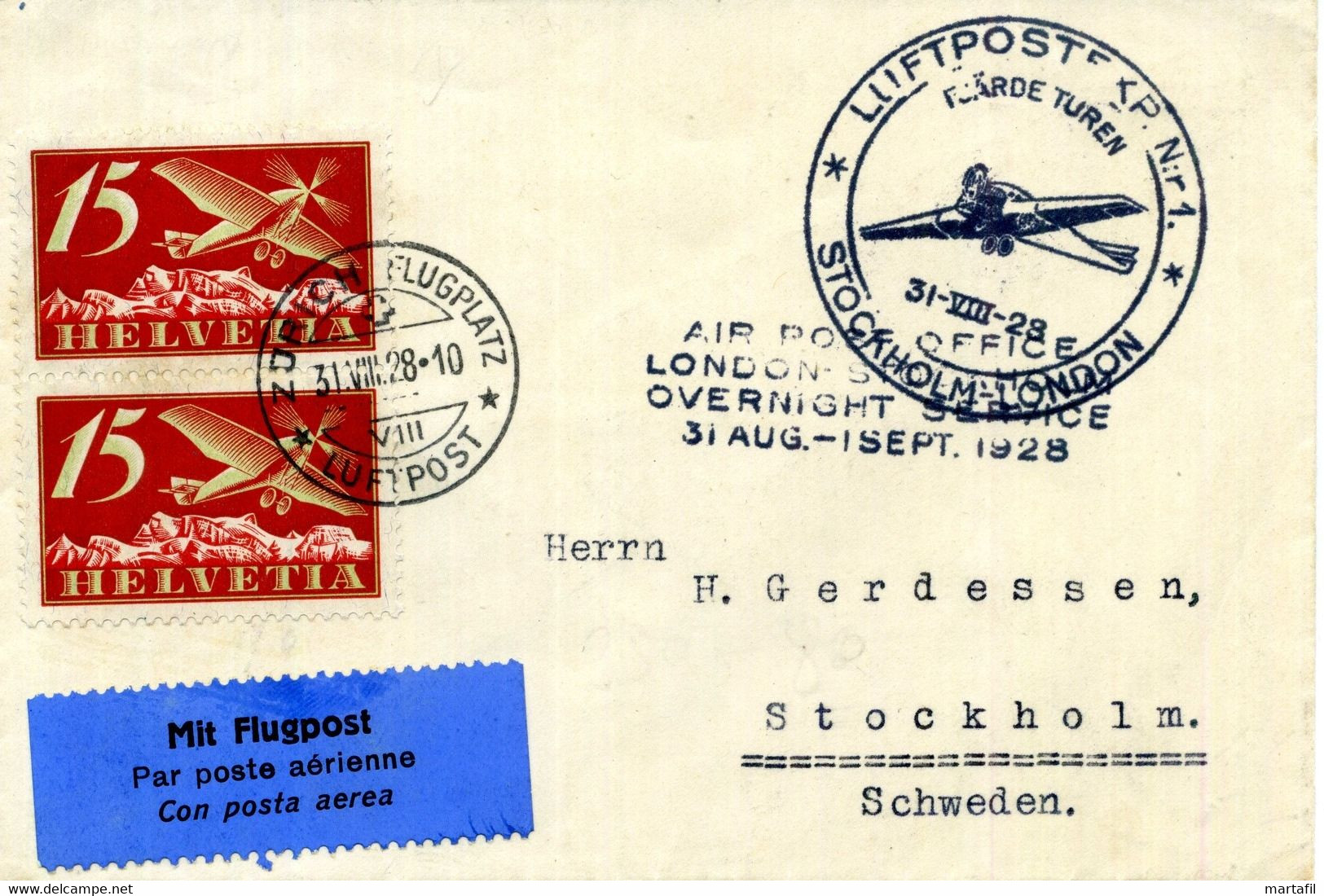 1928 Svizzera First Flight LUFTPOST STOCKHOLM - LONDON Zurigo - Stoccolma 31/VIII/1928 15c. Coppia - First Flight Covers