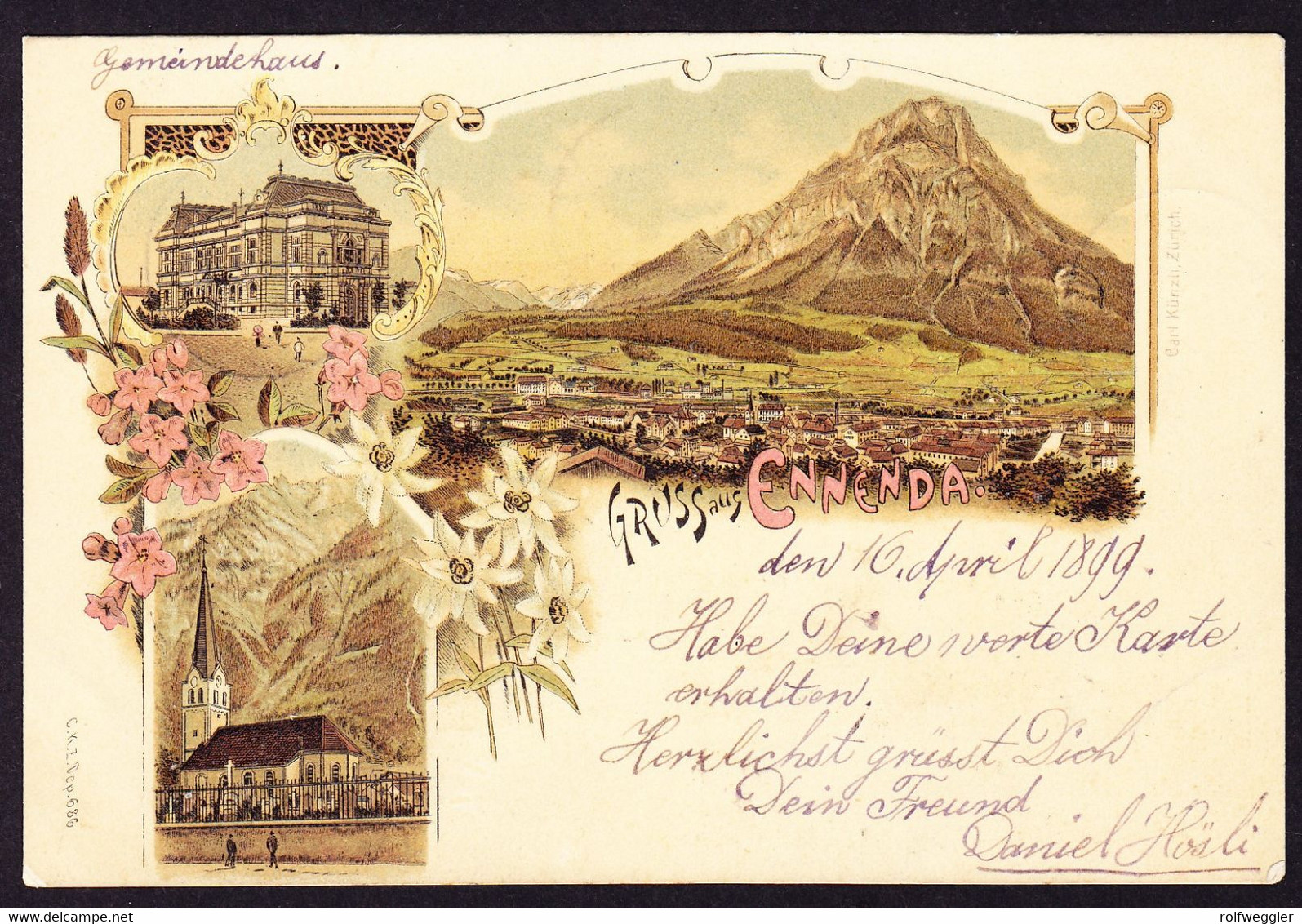 1899 Gelaufene Litho AK Gruss Aus Ennenda Nach Rüti. Rückseitig Leichter Abklatsch - Ennenda