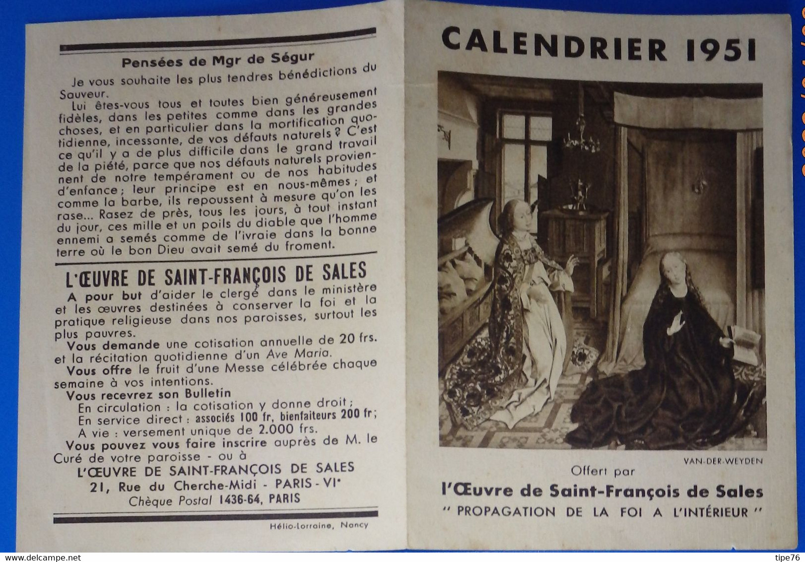 Petit Calendrier De Poche 1951 Oeuvre De Saint François De Sales - Grand Format : 1941-60