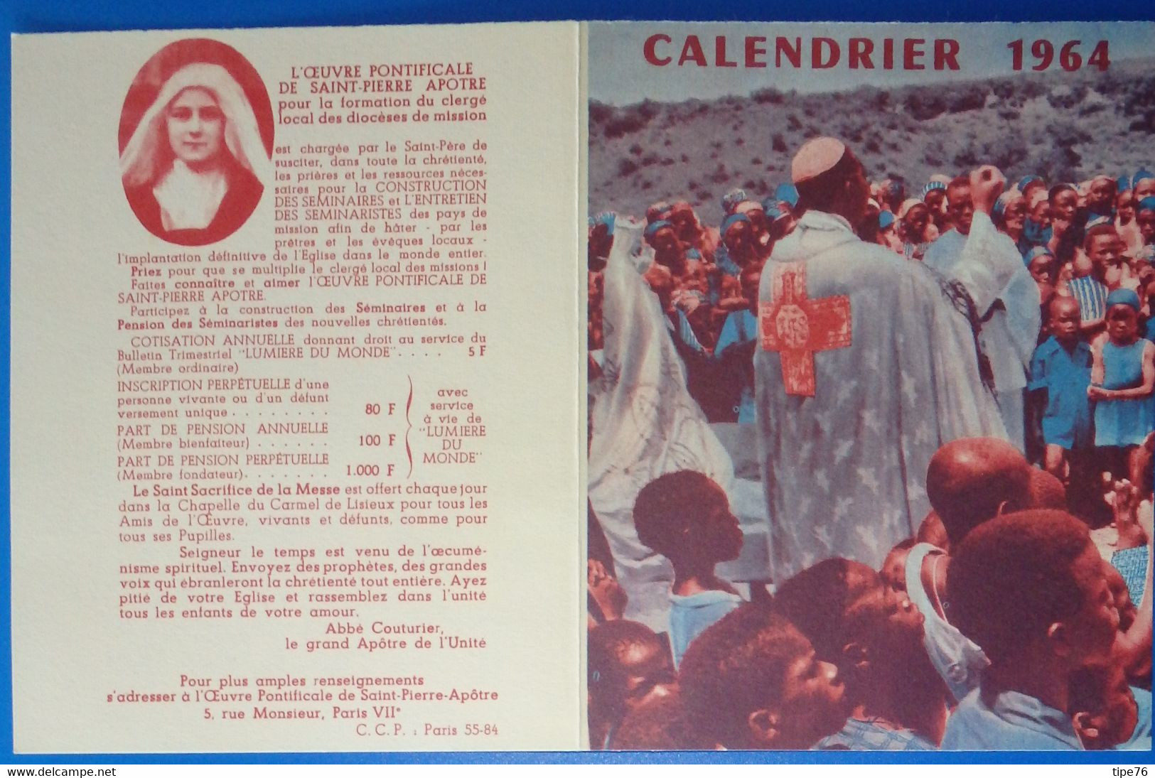 Petit Calendrier De Poche 1964 Oeuvre Pontificale De Saint Pierre Apôtre - Grand Format : 1961-70