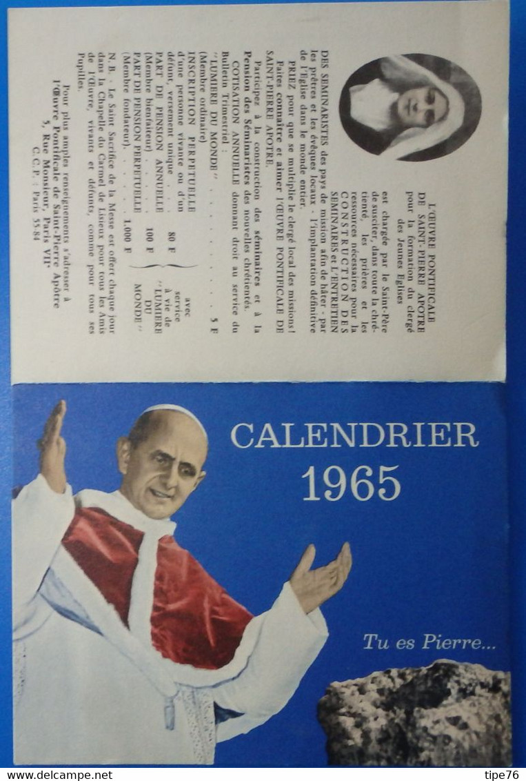 Petit Calendrier De Poche 1965 Oeuvre Pontificale De Saint Pierre Apôtre - Grand Format : 1961-70