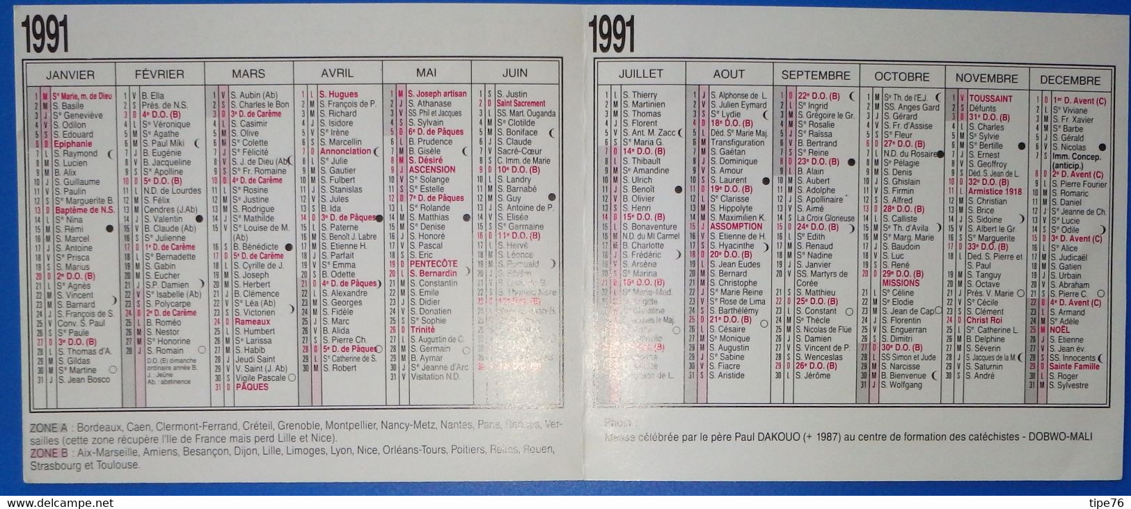 Petit Calendrier De Poche 1991 Oeuvres Pontificales  Missionnaires - Grand Format : 1991-00