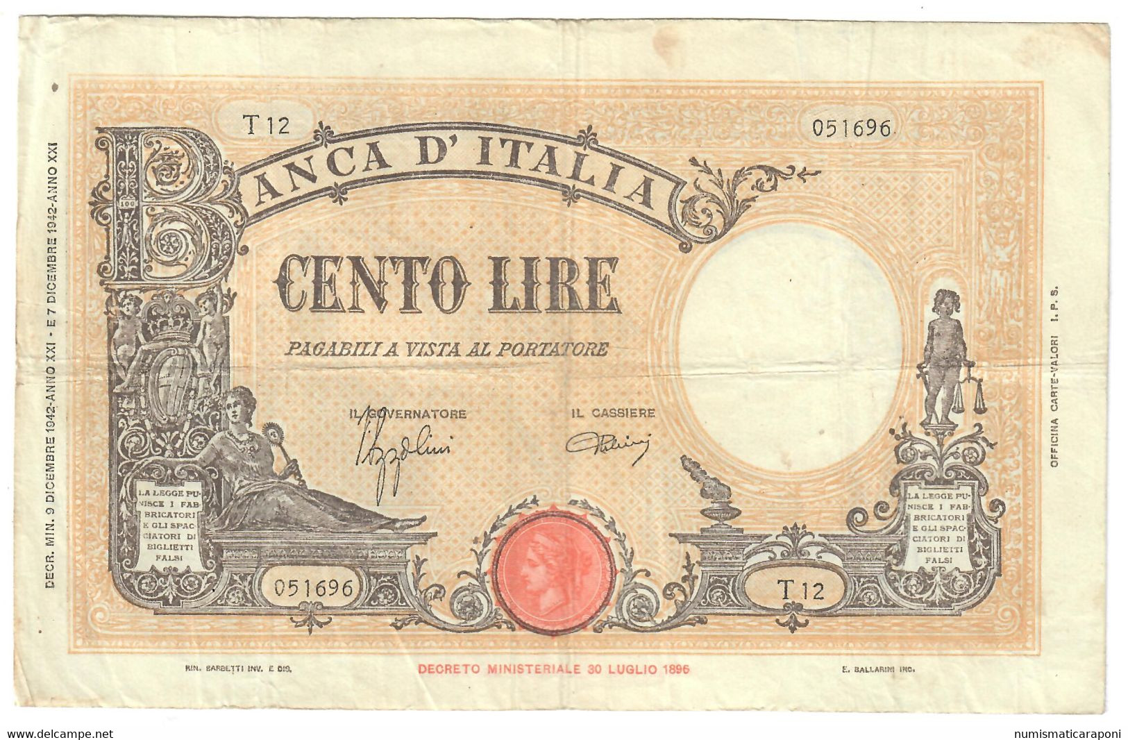 100 Lire Grande B Fascio 09 12 1942 Bel BB Naturale LOTTO 1108 - 100 Liras