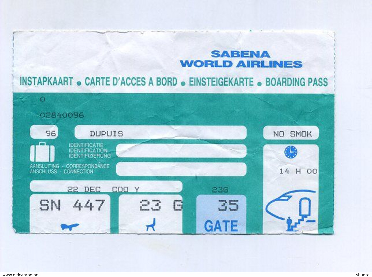 Belgian Boarding Pass. SN447 Bruxelles Cotonou. Sabena World Airlines. Carte D'accès à Bord, Compagnie Nationale Belge. - Europa