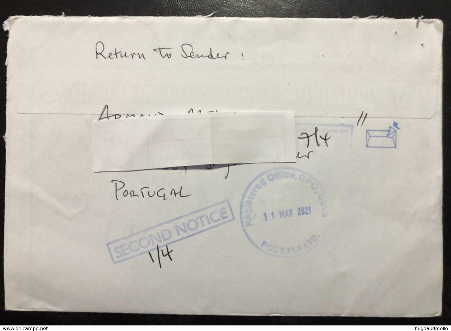 PORTUGAL, Registered Circulated Cover To FIJI ISLANDS,« Return To Sender»,«FAUNA», «SEA LIFE»,2021 - Lettres & Documents