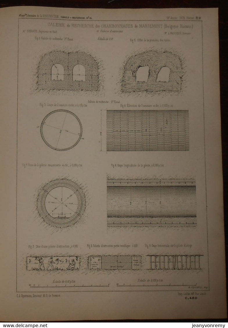 Plan De La Galerie De Recherche Des Charbonnages De Mariemont En Belgique. 1872. - Travaux Publics