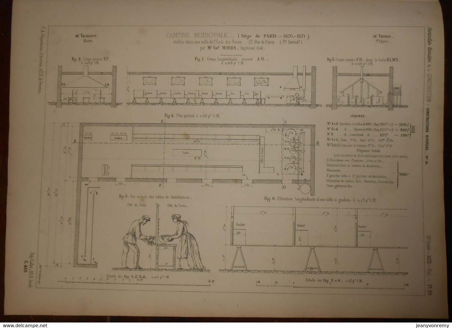 Plan De La Cantine Municipale établie Dans Une Salle De L'école Des Frères à Paris. 1872. - Travaux Publics