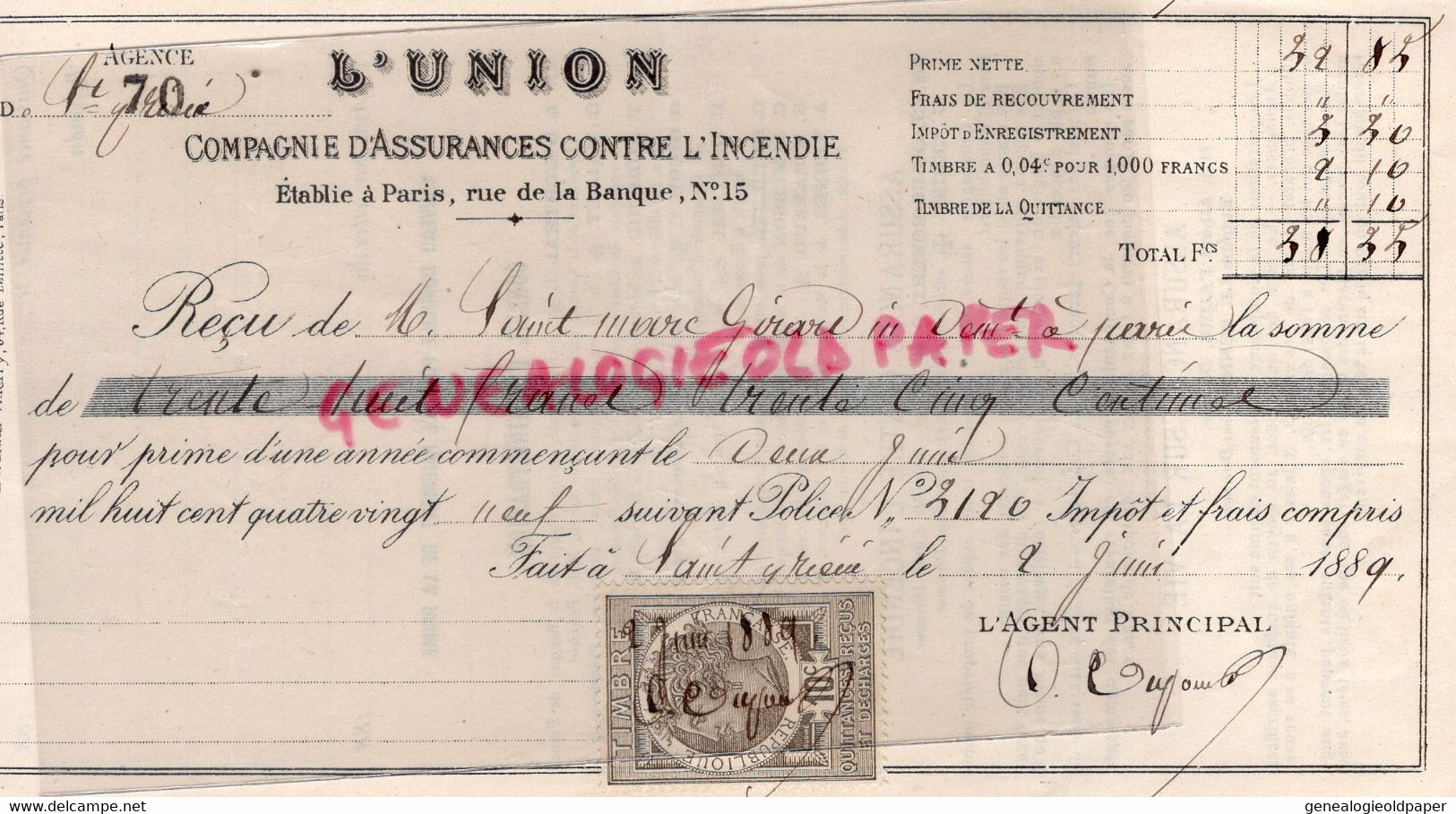 87- ST SAINT YRIEIX LA PERCHE- 75-PARIS- RECU COMPAGNIE ASSURANCES INCENDIE L' UNION-SAINT MARC GIRARDIN DEPUTE MINISTRE - Bank En Verzekering