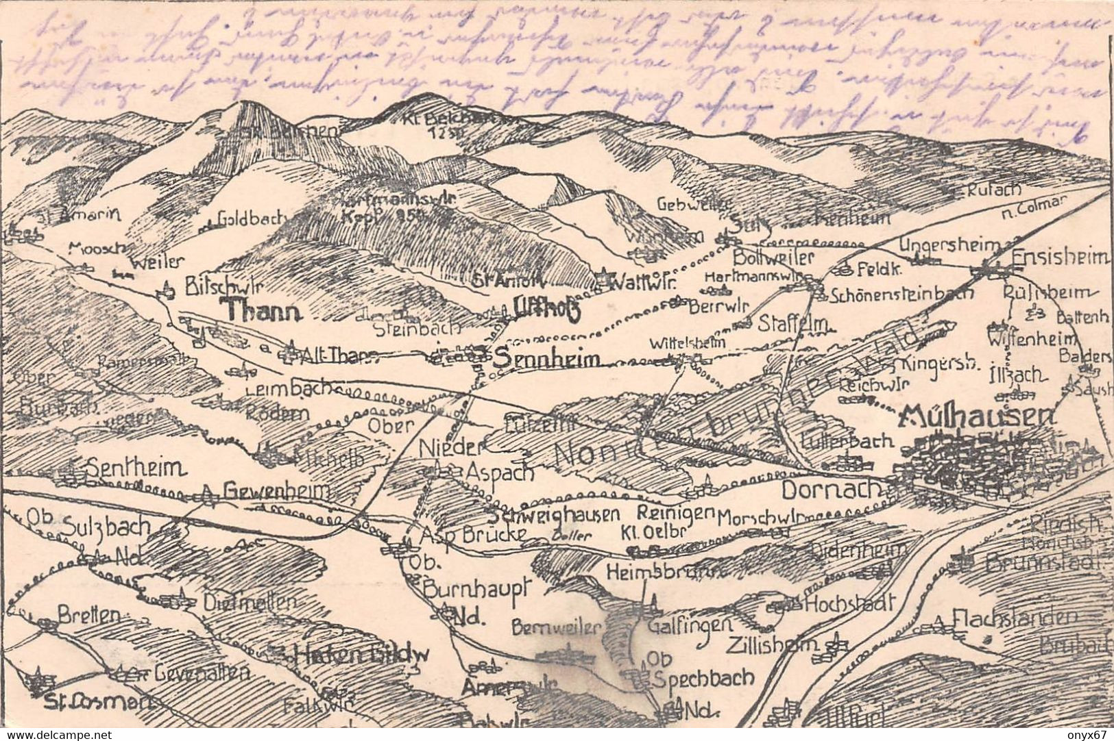 Carte Panoramique Dessin-Illustrateur-Mulhouse-Aspach-Sennheim-Cernay-Uffholtz-Wittelsheim-Thann-Goldbach-VOGESEN-KRIEG - Sonstige & Ohne Zuordnung