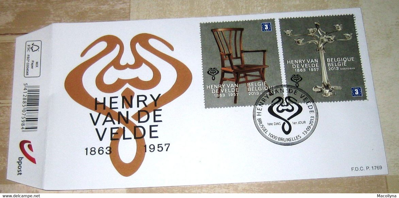 FDC Blok 211 Henry Van De Velde(o) 4365/66 Kandelaar-Stoel (eerstedagstempel) 150ste Verjaardag (Timbre Du Premier Jour) - 2011-2014