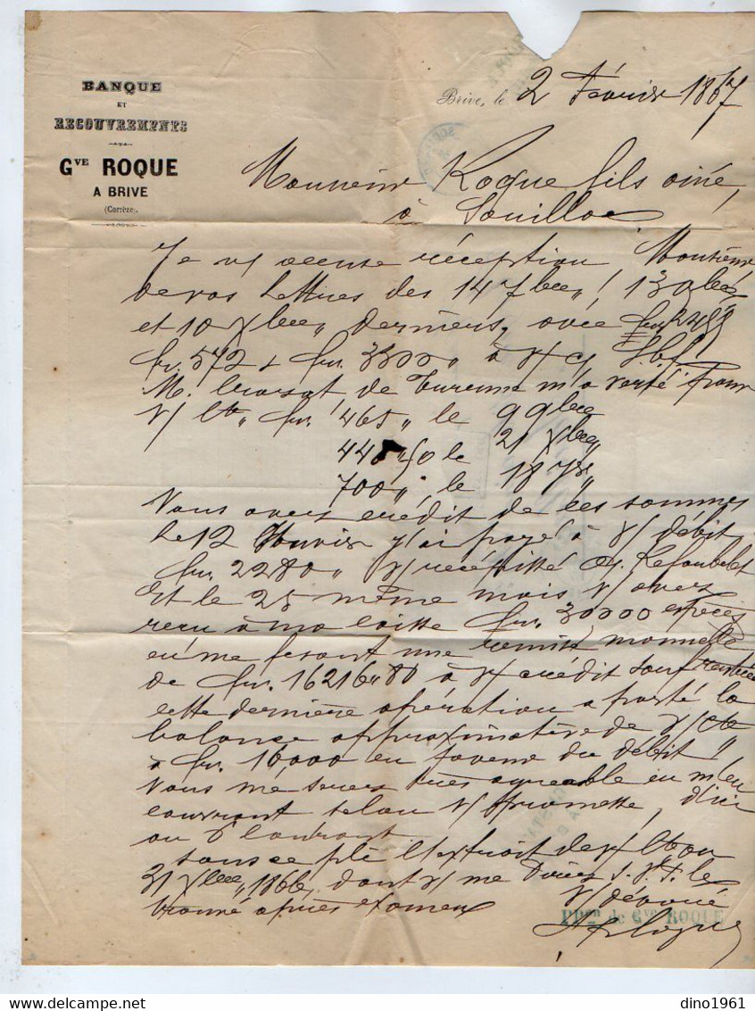 VP19.430 - 1867 - Lettre - Banque De Recouvrements Gve ROQUE à BRIVE ( Corrèze ) Pour SOUILLAC - Bank En Verzekering