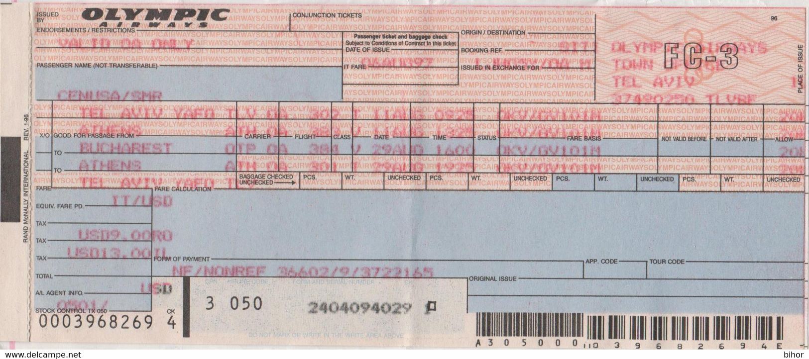 OLYMPIC AIRWAYS (Athens Greece) - Bilet De Calatorie / Passenger Ticket - Biglietti