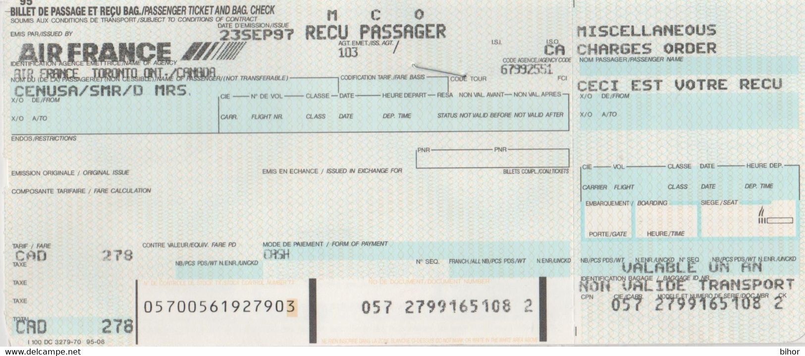 AIR FRANCE (Toronto-New York-Paris-Bucuresti) - Billet De Passage / Passenger Ticket - Biglietti