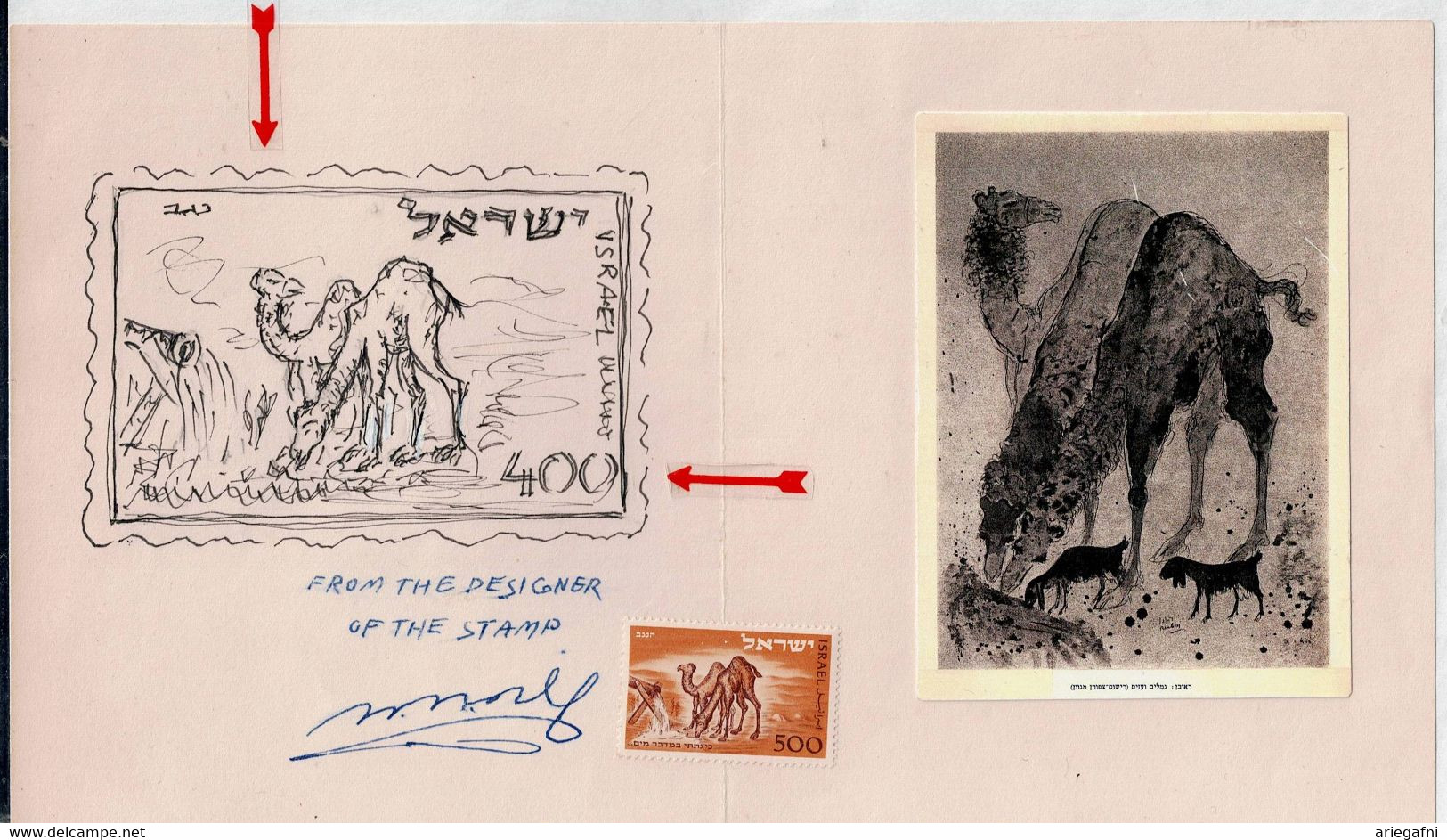 ISRAEL 1950 SKITSA FOR STAMP OF NEGEV BY ARTIST ,CAMEL HEAD TURNED BACK  AND RATING INSTEAD OF 500 Mil 400 Mil - Non Dentellati, Prove E Varietà