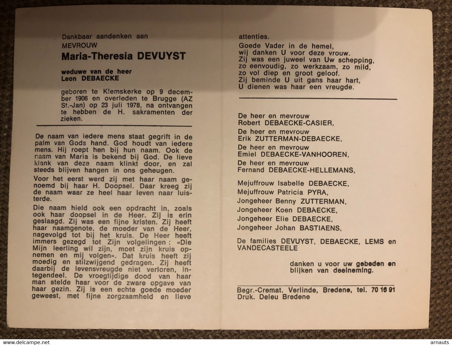 Maria-Theresia Devuyst Wed Debaecke Leon *1906 Klemskerke +1978 Brugge Zutterman Casier Vanhooren Hellemans Pyra Lems Va - Obituary Notices