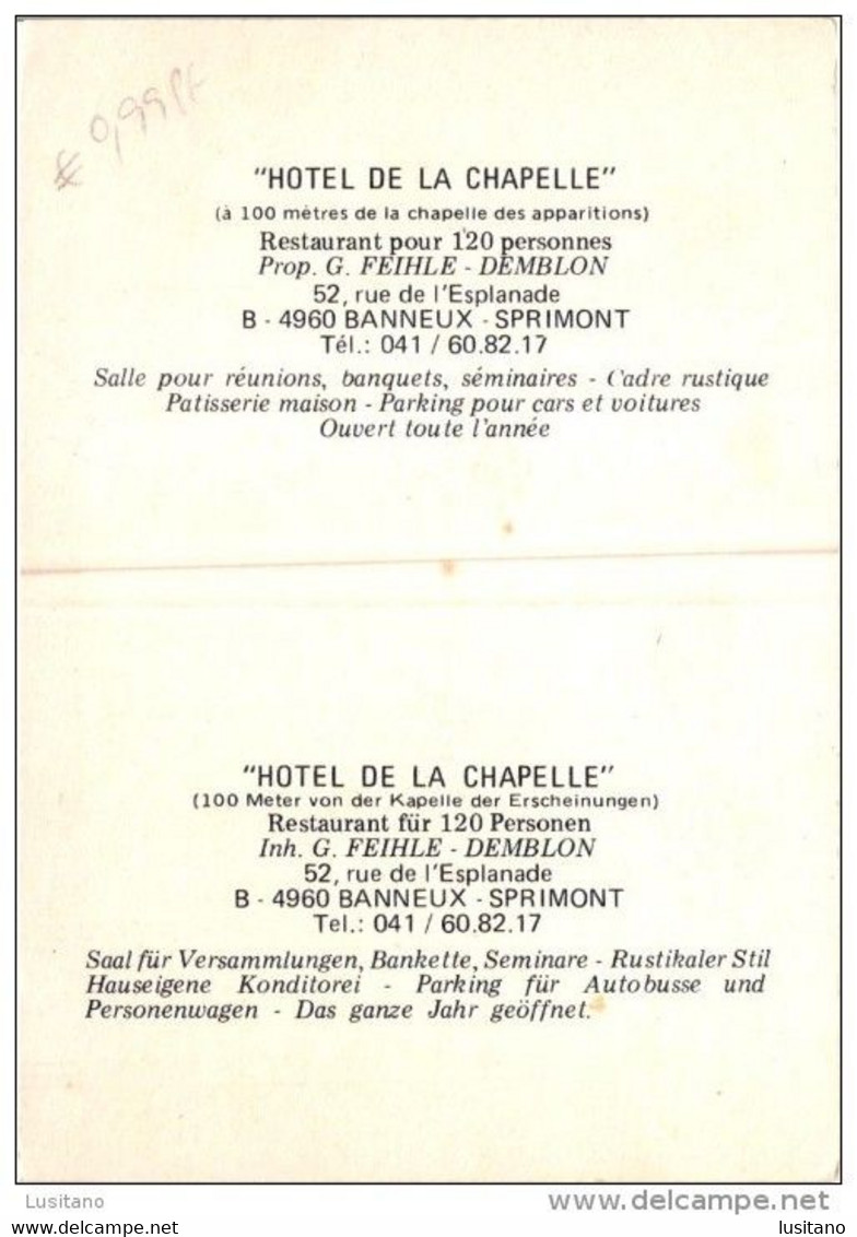 CARTE PUBLICITAIRE - BANNEUX SPRIMONT - HOTEL RESTAURANT DE LA CHAPELLE - BELGIQUE (2 SCANS) - Sprimont