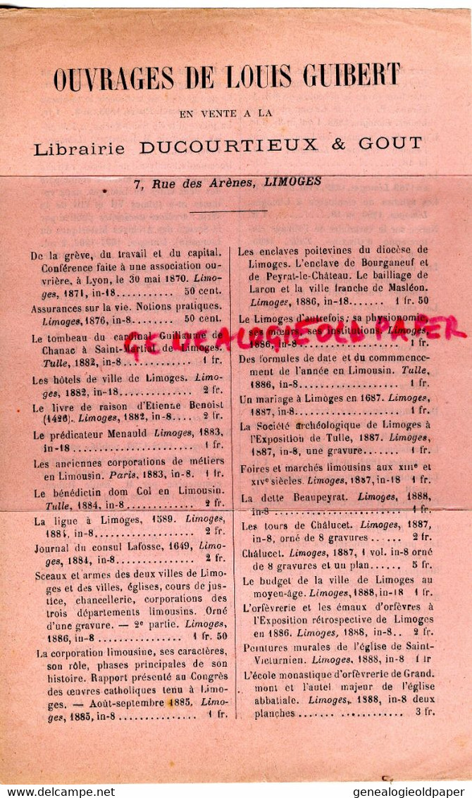 87- LIMOGES- LISTE OUVRAGES DE LOUIS GUIBERT EN VENTE LIBRAIRIE DUCOURTIEUX & GOUT- 7 RUE ARENES-1801-1904 - Imprenta & Papelería