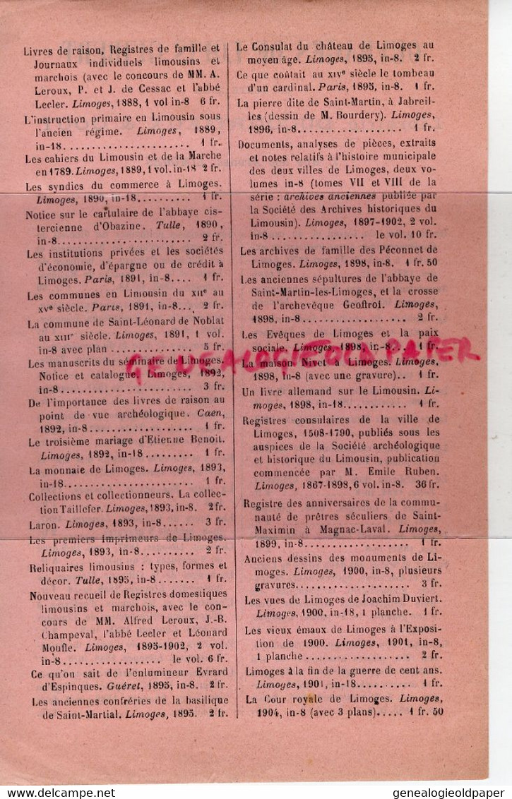 87- LIMOGES- LISTE OUVRAGES DE LOUIS GUIBERT EN VENTE LIBRAIRIE DUCOURTIEUX & GOUT- 7 RUE ARENES-1801-1904 - Printing & Stationeries