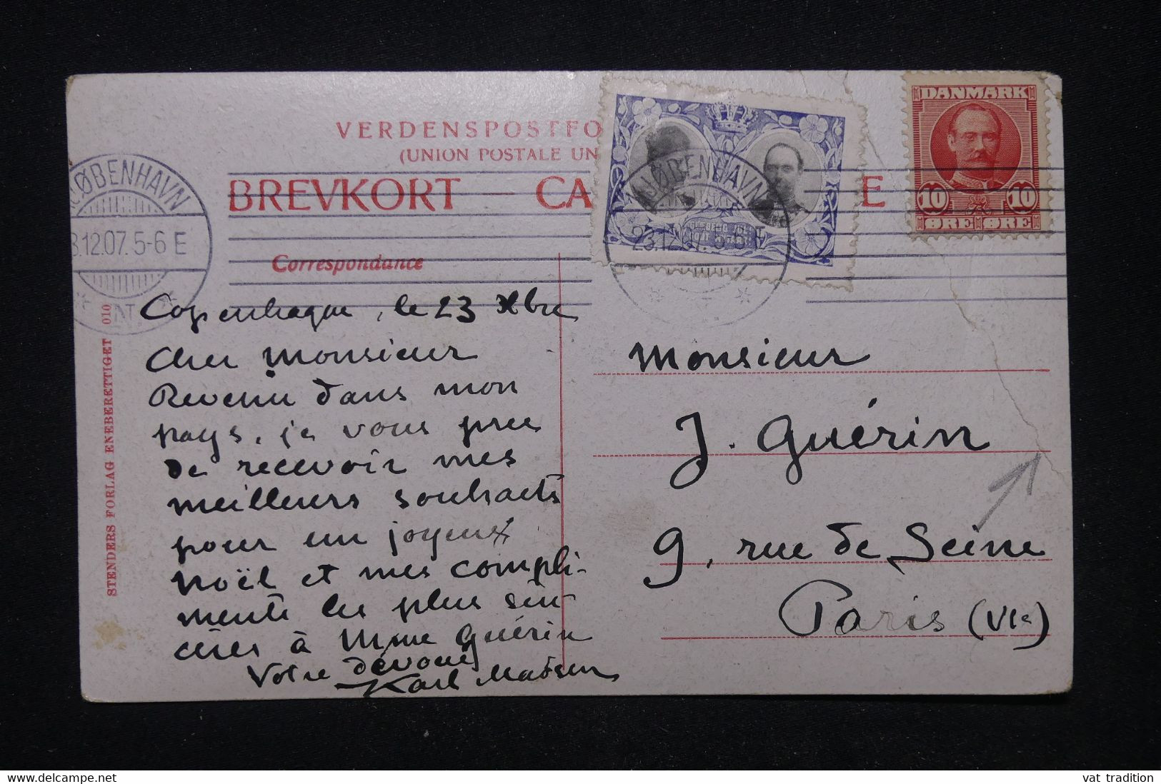 DANEMARK - Affranchissement De Copenhague Avec Vignette Sur Carte Postale En 1907 Pour La France - L 119127 - Brieven En Documenten